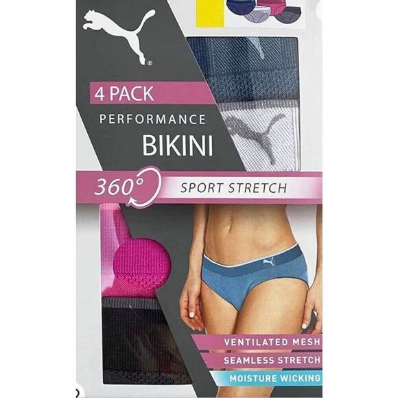 PUMA - NWT - L Sz Lg 4-Pack Performance Bikini/Blue, Grey, Pink & Black/Unopened - Picture 2 of 11